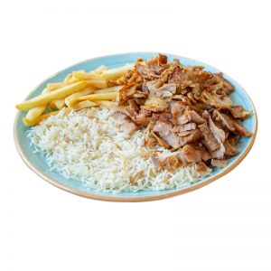 Plato Kebap sin verduras con arroz y patatas
